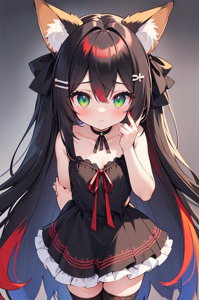 masterpiece, best quality,super fine illustration, perfect anatomy, correct anatomy, perfect proportion, perfect face, perfect hands, perfect legs, perfect fingers, perfect hands, professional lighting, best quality, ultra detailed, extremely delicate and beautiful, 4k, 8k,,1girl, fox girl, (((multicolored hair:1.2)(black 1.1)(red 1.1), fox ears, long hair, fox tail, black dress, fishnet stockings, cute expression, highres, best quality, masterpiece,clearly drawn face, beautiful eyes, beautifully detailed eyes, highly detailed eyes, ribbon, choker, looking at viewer, skull hair clip, green eyes, head shot