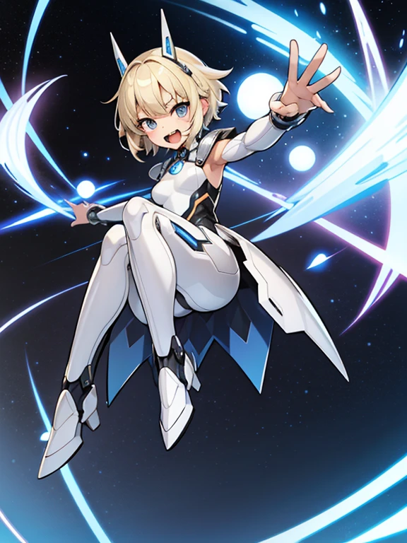 1 girl, alone, Tsurime, laughter, big mouth, dynamic pose,Silver Mechanical Bodysuit、blonde short hair、