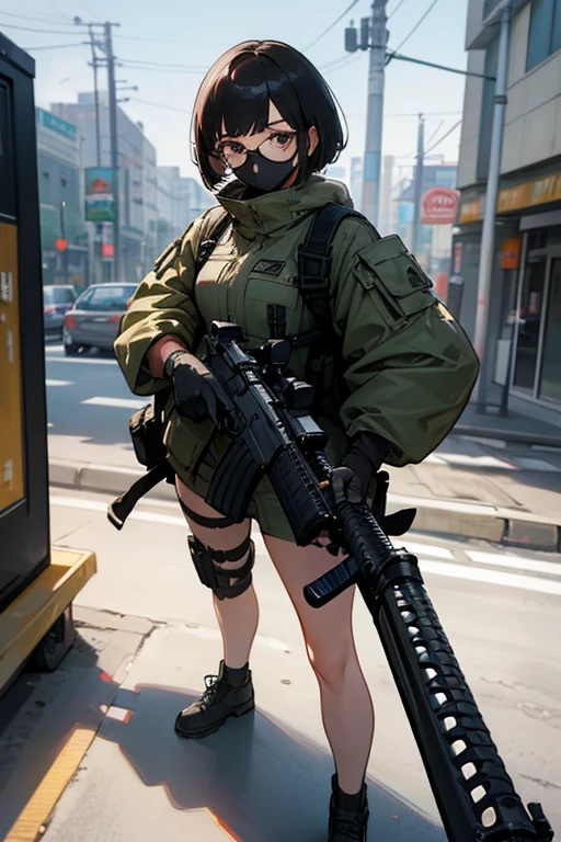 ((best quality)), (top quality)), (masterpiece), photorealistic, photorealism 16K, (16K), Fujifilm, 1girl full body, in a combat pose, aiming an assault rifle, South Korean city street background, bob haircut, ((Fully Naked)), C-Cup breast ,Highly Detailed, Photorealistic, High Resolution, Detailed Face, Looking directly at the camera, Wearing gloves, Round glasses, black face mask , Military harness strapped across her shoulders, Fingers concealed by the rifle grip.