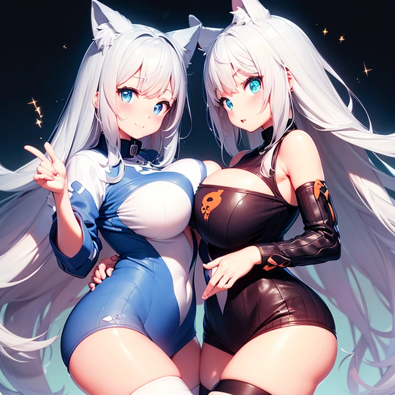 Masterpiece of an anime girl, best quality detail, 4K Ultra HD output image, blue purple white gradient hair, long hair, curvaceous female figure, voluptuous big boobs, alluring and attractive, gothic style with blue pink gradient eyes, delicate and pale skin, seductive cat ears, and playful cat tail, created by a skillful and passionate artist, wearing thigh-high socks.