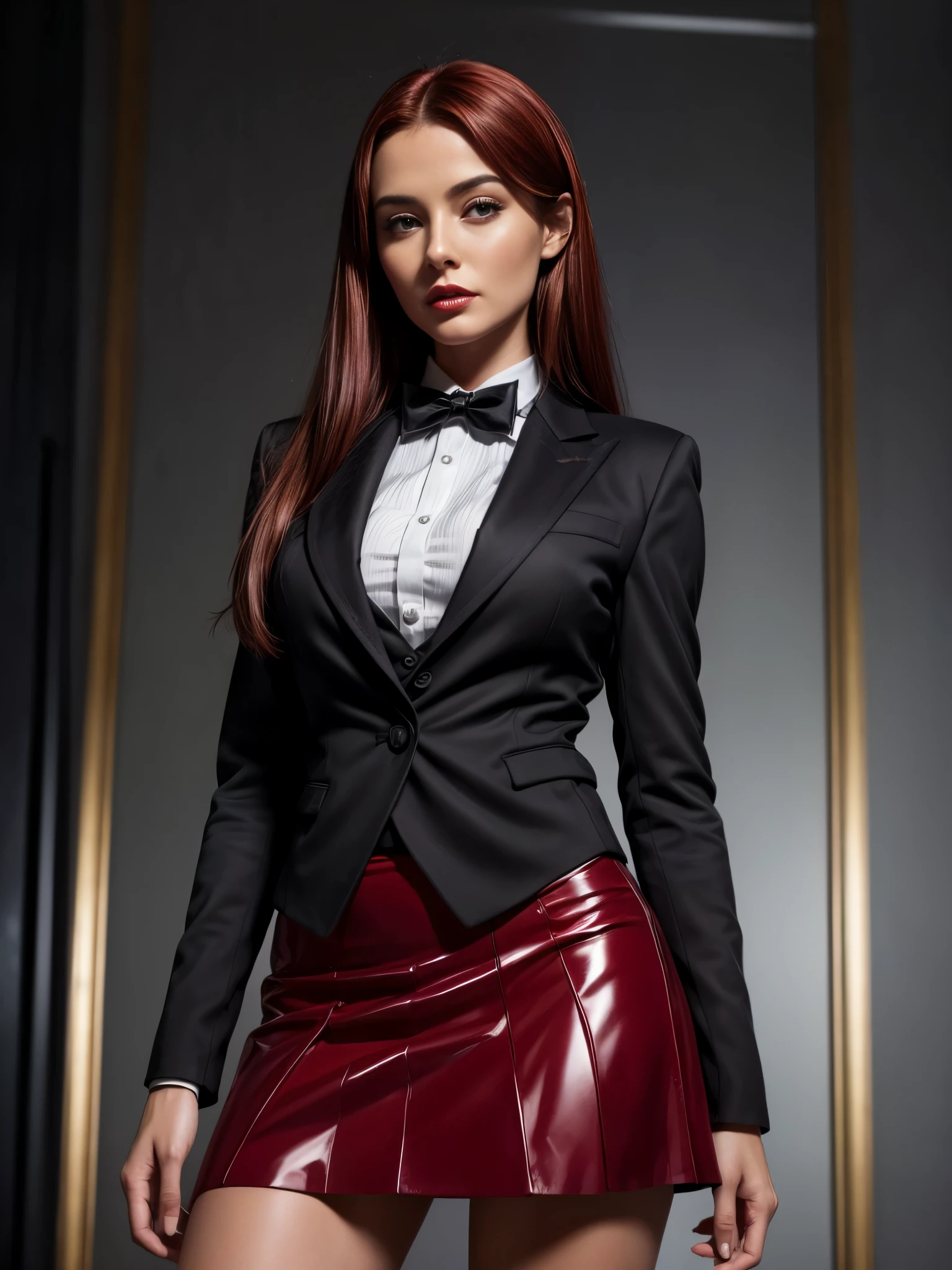 (absurdres, highres, ultra detailed), masterpiece, arafed woman, ((solo)), long dark red hair, 1girl, skirt suit, tuxedo, black jacket, waistcoat, black bowtie, bodycon skirt, black clothing, miniskirt, closed mouth, standing, (((detailed lips))), ((realistic skin)), glowing skin, ((glossy red lips)), portrait, beautiful, normal skin,