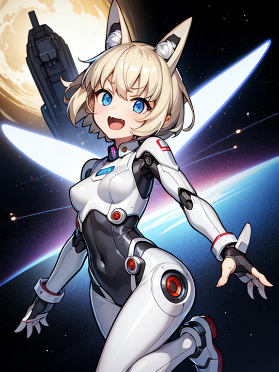 1 girl, alone, Tsurime, laughter, big mouth, dynamic pose,Silver Mechanical Bodysuit、blonde short hair、headphone、Robot ears、Outer space background