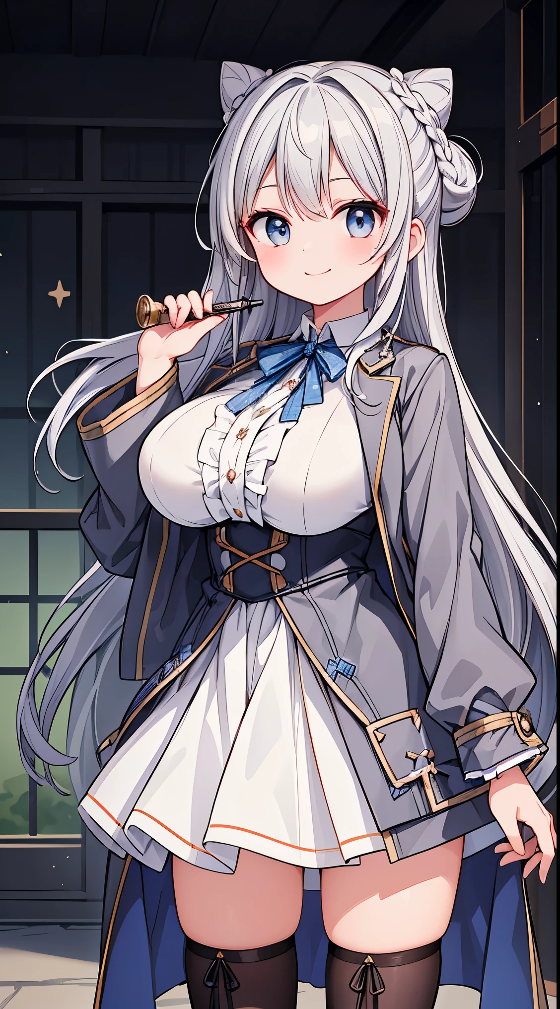 (masterpiece, top quality, best quality, official art, beautiful and aesthetic:1.2),ultra-detailed,intricate details,amazing illustration,award-winning art,atmospheric,
BREAK,
1 beautiful girl, (17 years old girl), Very detailed, colourfull, highest details, BREAK , 1girl in, (Cute:1.5),(Cool:0.8), (Beauty:1.5),(Chibi:0.5), (17 years old girl), (girl, Older sister, Unclear, Beautiful face of Japan:1.2) BREAK, (A detailed eye,Tsuriformes:1.2),(Silver hair,Long hair in a bun,Deco:1.8),(huge breasts:1.35),star eye silhouette, (long eyelashes, Double eyelids:1.2), cleavage, ,Swaying udder, Clear skin, Beautiful skin, Shy, Erect ,Clear skin, Beautiful skin, Shy, gleaming skin,(best quality face),(Top quality glowing eyes),(The best smile,Doya face:1.45),
BREAK
//Fashion
Mystery Maven Ensemble,
Start with the iconic deerstalker cap, featuring its distinctive design with side flaps tied up on the top, Choose a patterned fabric that complements the overall look,
BREAK
Layer the outfit with an Inverness coat or a double cape, capturing the vintage detective style, Opt for a fabric that reflects the Victorian era, such as tweed or wool,
BREAK
Wear a high-collared blouse or shirt beneath the coat, adding a touch of Victorian sophistication to the ensemble,
BREAK
Pair the top with tailored trousers or a skirt, keeping the silhouette classic and refined,
BREAK
Complete the look with Victorian-inspired boots, such as lace-up or buttoned styles, to enhance the overall period aesthetic,
BREAK
Carry a magnifying glass, a vintage-style notebook, and a pipe as accessories, emphasizing Sherlock Holmes’s detective persona,
BREAK,wakame,wakame,wakame,(Cowboy Shot:1.4),
BREAK,(Blurry background:1.3),(absurderes, hight resolution, Super Detail Art),cel shading,Clear Color, Lonely optical effect, Beautiful pictures, Bright glow, mystic atmosphere,(Close-up of girl:1.1), Mystical light particle effect,manga influence, clean line drawings,