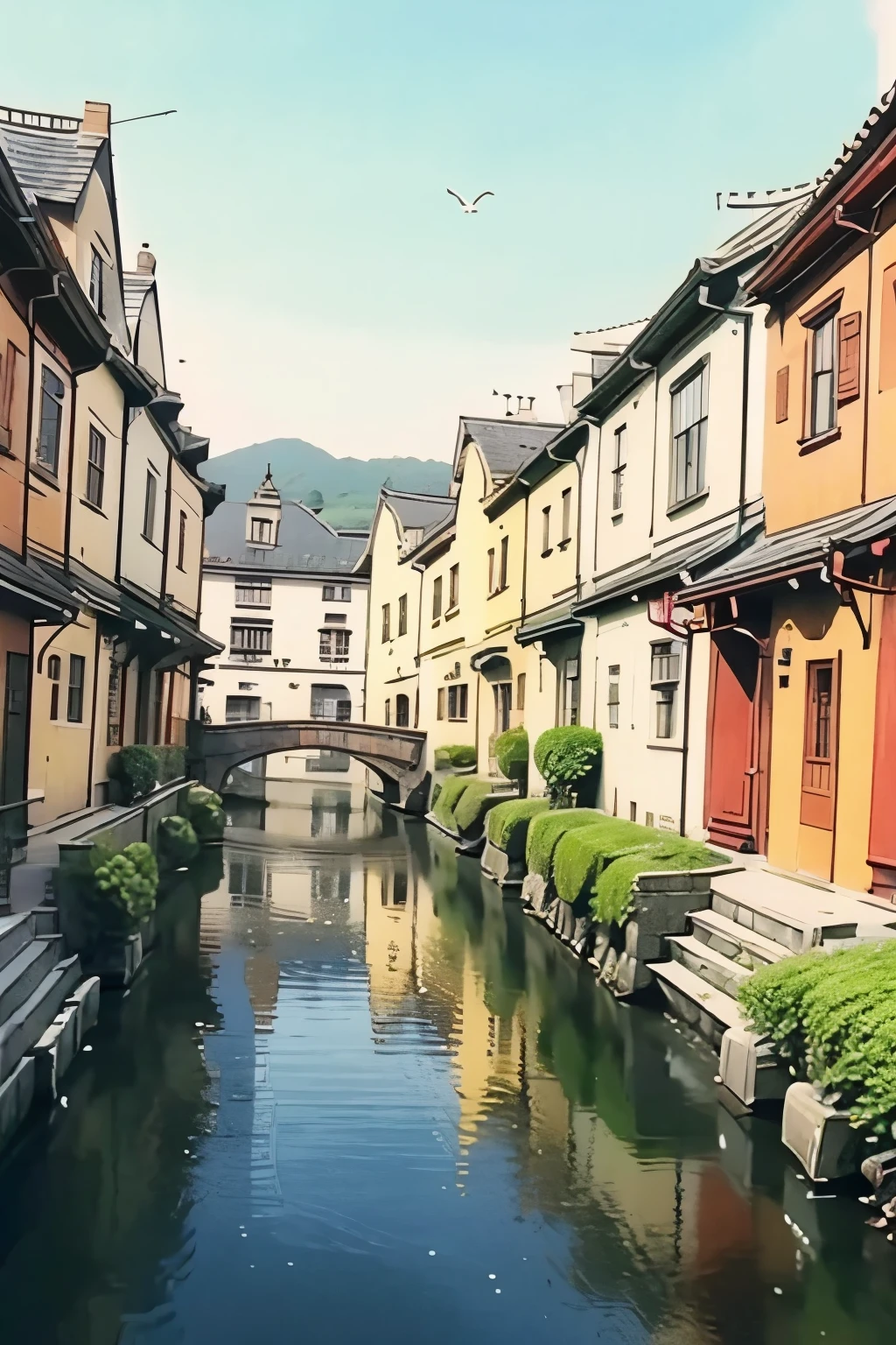 wide long shot, British city, Victorian architecture, a fascinating morning, bright colors, there is a bridge connecting one end to the other, there are birds flying in the sky, a lively morning, two-story Victorian buildings, clotheslines stretched out in the window