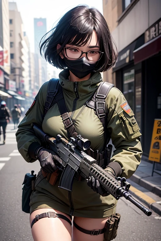 ((best quality)), (top quality)), (masterpiece), photorealistic, photorealism 16K, (16K), Fujifilm, 1girl full body, in a combat pose, aiming an assault rifle, South Korean city street background, bob haircut, ((Fully Naked)), C-Cup breast ,Highly Detailed, Photorealistic, High Resolution, Detailed Face, Looking directly at the camera, Wearing gloves, Round glasses, black face mask , Military harness strapped across her shoulders, Fingers concealed by the rifle grip.