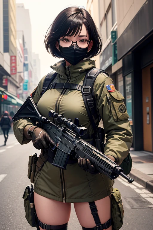 ((best quality)), (top quality)), (masterpiece), photorealistic, photorealism 16K, (16K), Fujifilm, 1girl full body, in a combat pose, aiming an assault rifle, South Korean city street background, bob haircut, ((Fully Naked)), C-Cup breast ,Highly Detailed, Photorealistic, High Resolution, Detailed Face, Looking directly at the camera, Wearing gloves, Round glasses, black face mask , Military harness strapped across her shoulders, Fingers concealed by the rifle grip.