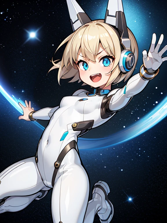 1 girl, alone, Tsurime, laughter, big mouth, dynamic pose,Silver Mechanical Bodysuit、blonde short hair、headphone、Outer space background