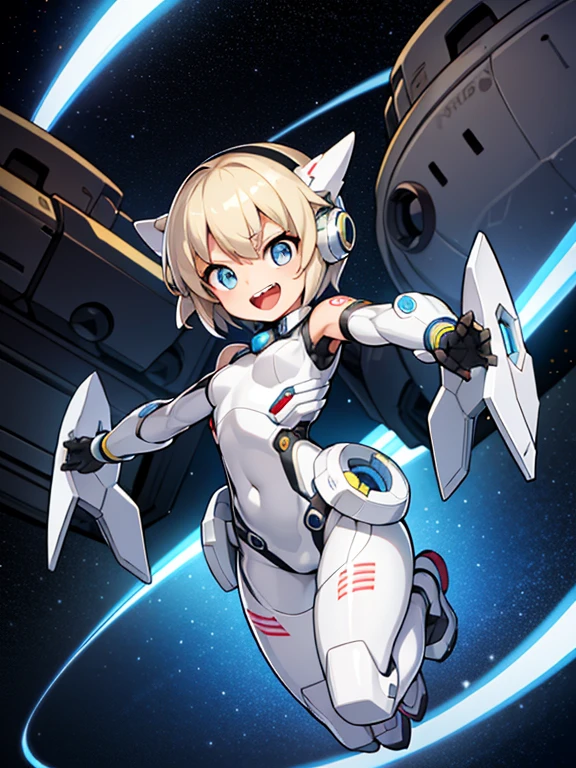 1 girl, alone, Tsurime, laughter, big mouth, dynamic pose,Silver Mechanical Bodysuit、blonde short hair、headphone、Outer space background