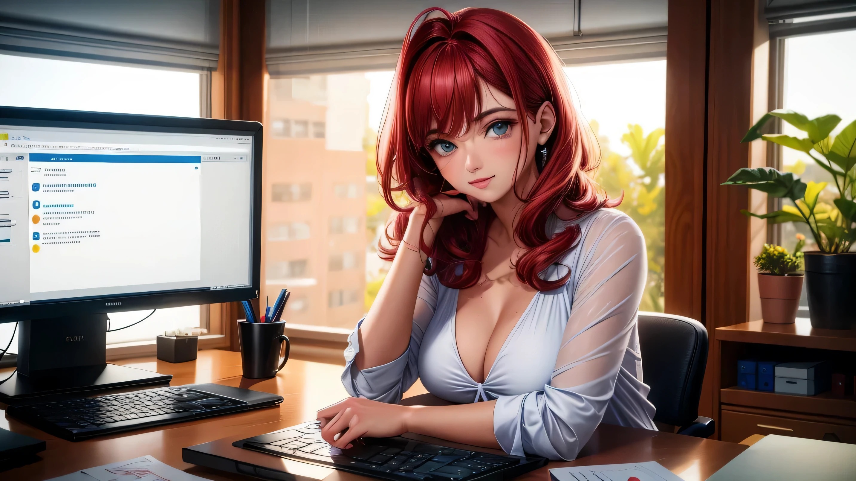 realista, 1 garota, seios grandes, cabelo vermelho, olhos roxos, olhos brilhantes, corte superior, vestido comprido social, no trabalho, 8k, full hd, cinematographic
