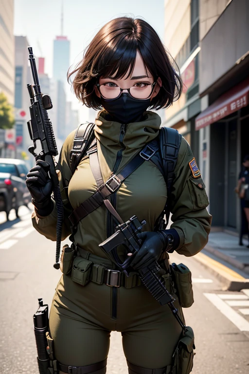 ((best quality)), (top quality)), (masterpiece), photorealistic, photorealism 16K, (16K), Fujifilm, 1girl full body, in a combat pose, aiming an assault rifle, South Korean city street background, bob haircut, ((Fully Naked)), C-Cup breast ,Highly Detailed, Photorealistic, High Resolution, Detailed Face, Looking directly at the camera, Wearing gloves, Round glasses, black face mask , Military harness strapped across her shoulders, Fingers concealed by the rifle grip.