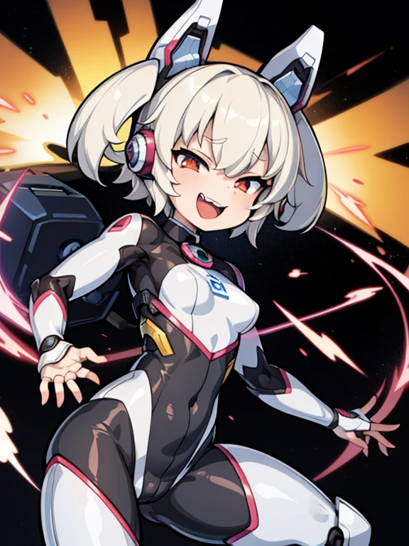 very detailed、masterpiece、highest quality、1 girl, alone, Tsurime, laughter, big mouth, dynamic pose,Silver Mechanical Bodysuit、blonde short hair、headphone、Outer space background、mesugaki