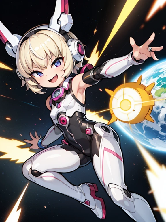 very detailed、masterpiece、highest quality、1 girl, alone, Tsurime, laughter, big mouth, dynamic pose,Silver Mechanical Bodysuit、blonde short hair、headphone、Outer space background、mesugaki