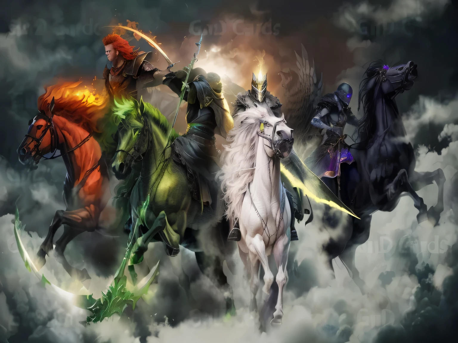 quatro cavaleiros dos quatro cavaleiros dos quatro cavaleiros dos quatro cavaleiros, quatro Cavaleiros do Apocalipse, Cavaleiros do Apocalipse, epic fantasy art style, epic fantasy art style hd, epic fantasy digital art style, powerful fantasy epic legends, epic fantasy digital art, epic fantasy artwork, Apparitions walking in the sky, epic fantasy art
