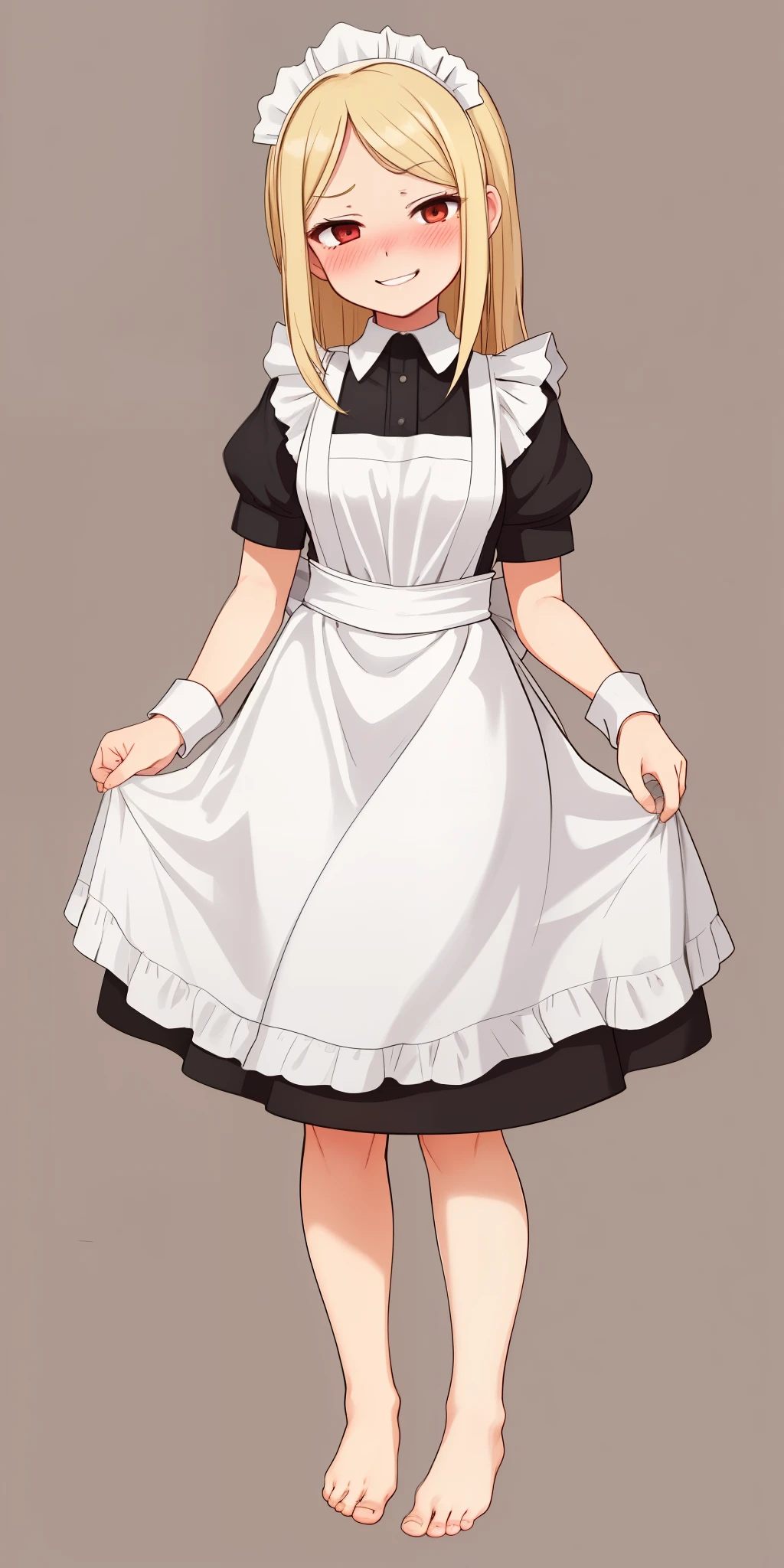 1girl, cute, ((Short black hair girl and long blonde hair girl)), maid victorian, maid apron, straight face, dazed, Body position: Standing, straight, symmetrical, barefoot, Lustful smile on face with red blush,