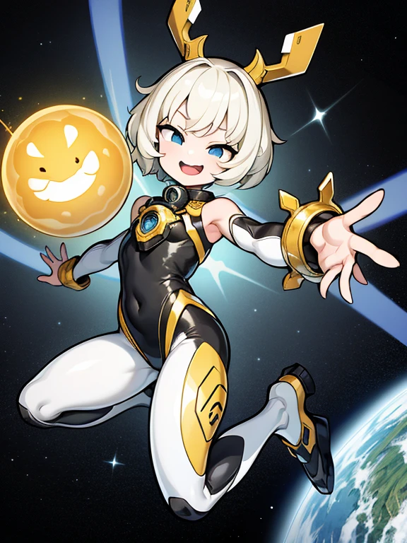 very detailed、masterpiece、highest quality、1 girl, alone, Tsurime, laughter, big mouth, dynamic pose,Silver Mechanical Bodysuit、blonde short hair、headphone、Outer space background、mesugaki