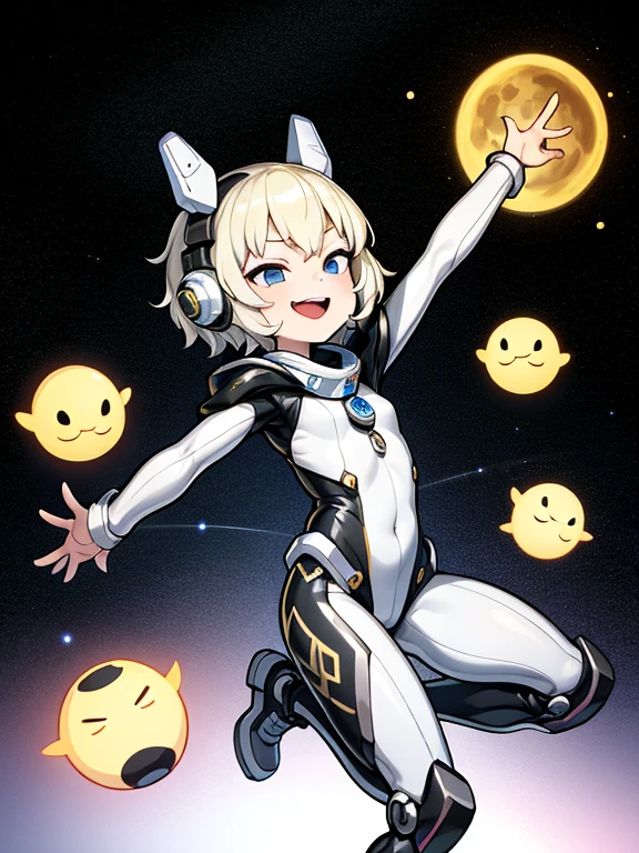 1 girl, alone, Tsurime, laughter, big mouth, dynamic pose,Silver Mechanical Bodysuit、blonde short hair、headphone、Outer space background
