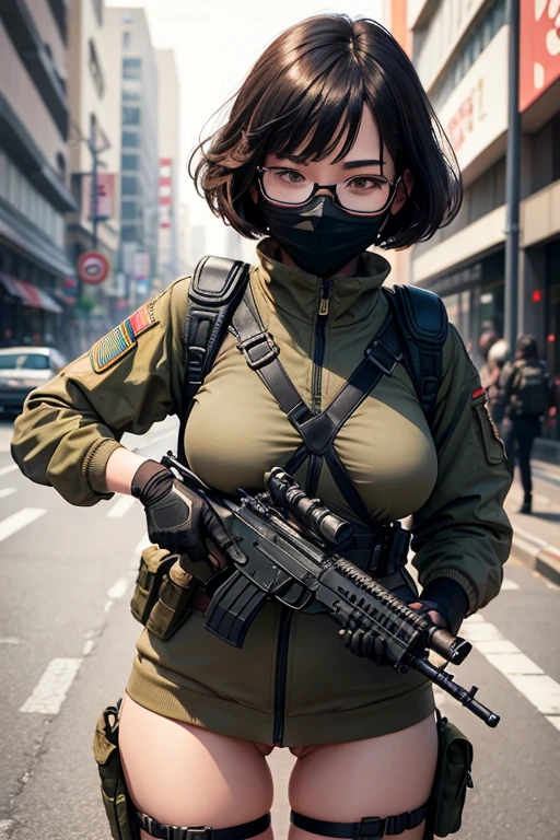 ((best quality)), (top quality)), (masterpiece), photorealistic, photorealism 16K, (16K), Fujifilm, 1girl full body, in a combat pose, aiming an assault rifle, South Korean city street background, bob haircut, ((Fully Naked)), C-Cup breast ,Highly Detailed, Photorealistic, High Resolution, Detailed Face, Looking directly at the camera, Wearing gloves, Round glasses, black face mask , Military harness strapped across her shoulders, Fingers concealed by the rifle grip.