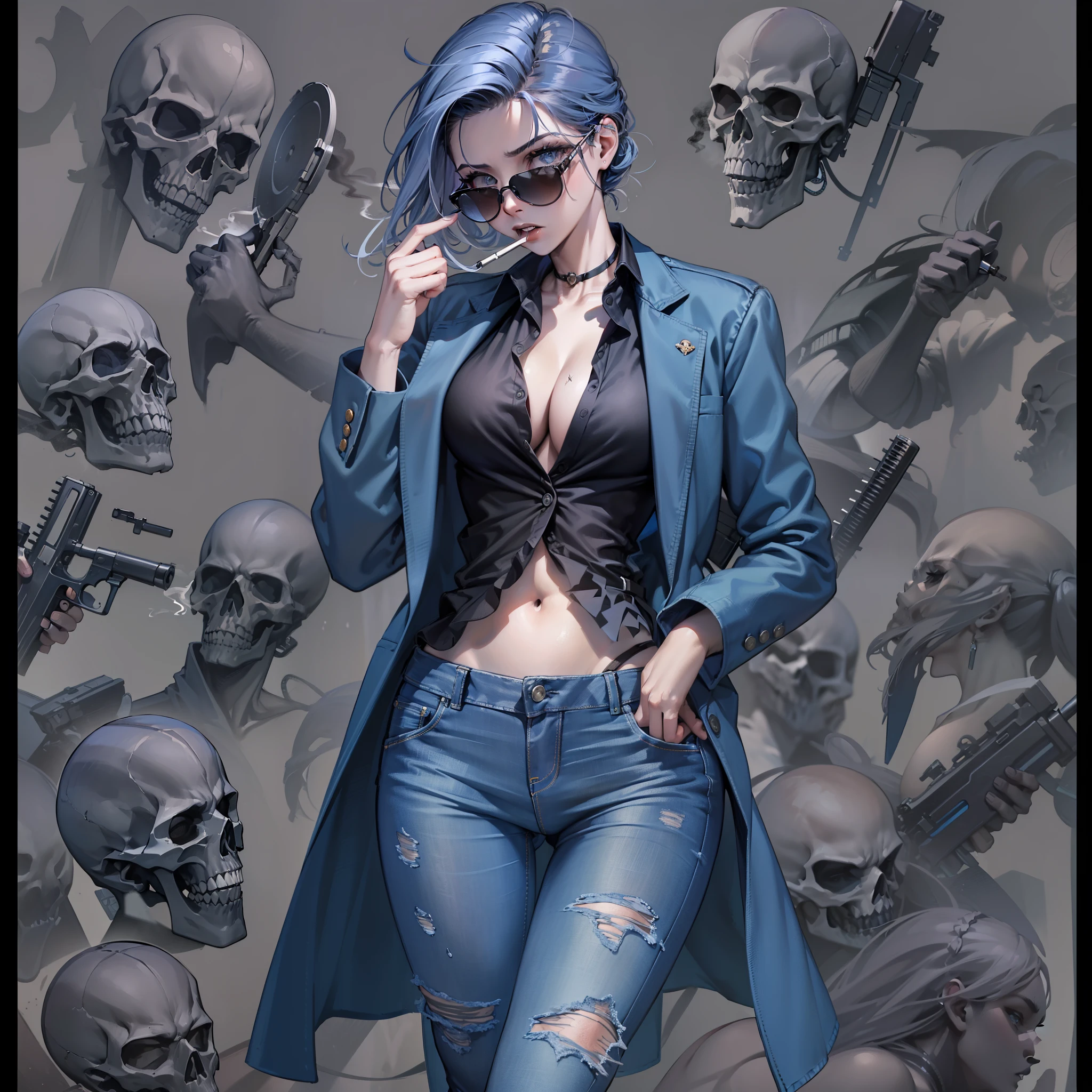 (masterpiece), (best quality), (ultra-detail), (masterpiece), (best quality), ((1female)), solo, gangster, athletic, smoking, scars on face, beautiful, menacing, (topwear:(suit(black))), (bottomwear:(jeans(blue))), full body, carrying weapons, standing, looking at viewer, dark-rimmed sunglasses, skull print