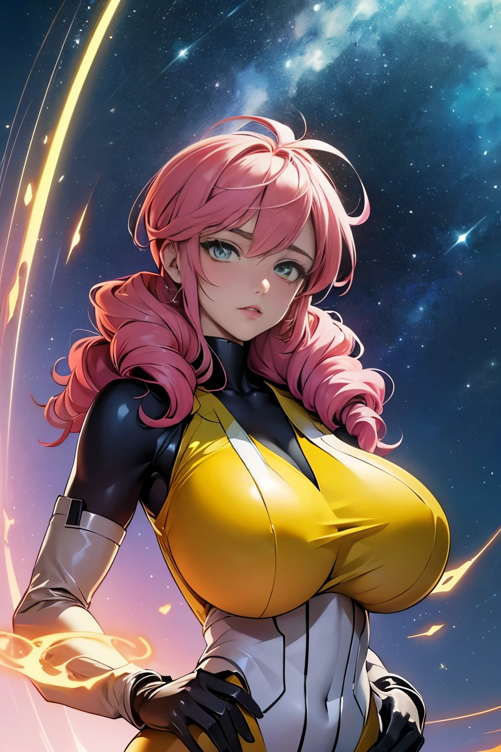 (masterpiece, top quality), (medium),official art, beautiful and aesthetic:1.2),(feldt:1.3), (fractal art:1.3), gundam00, pink hair, ((yellow bodysuit)), from side, (slendered abs:1.2), looking at viewer,(((starry sky))), stars in the background,((black gloves)),((gigantic breasts:1.5)), (drill hair),((ultra detail eyes:1.5)),((extremely detailed CG unity 8k wallpaper,masterpiece, best quality)), ((ultra-detailed:1.5)),(best illumination, best shadow, an extremely delicate and beautiful),(extremely detailed CG unity 8k wallpaper,masterpiece, best quality, ultra-detailed),(best illumination,  best shadow, an extremely delicate and beautiful),(masterpiece), digital art, otherworldly, a burst of color, explosive energy, chaotic beauty, (hair flowing:1.2, hair glowing), (background: broken, shattered, fractured), (light: flickering, pulsating, radiating).