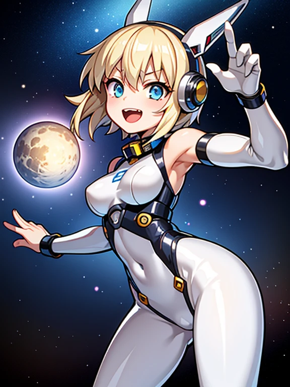 1 girl, alone, Tsurime, laughter, big mouth, dynamic pose,Silver Mechanical Bodysuit、blonde short hair、headphone、Outer space background