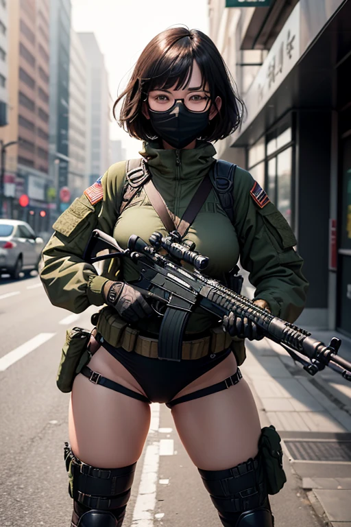 ((best quality)), (top quality)), (masterpiece), photorealistic, photorealism 16K, (16K), Fujifilm, 1girl full body, in a combat pose, aiming an assault rifle, South Korean city street background, bob haircut, ((Fully Naked)), C-Cup breast ,Highly Detailed, Photorealistic, High Resolution, Detailed Face, Looking directly at the camera, Wearing gloves, Round glasses, black face mask , Military harness strapped across her shoulders, Fingers concealed by the rifle grip.