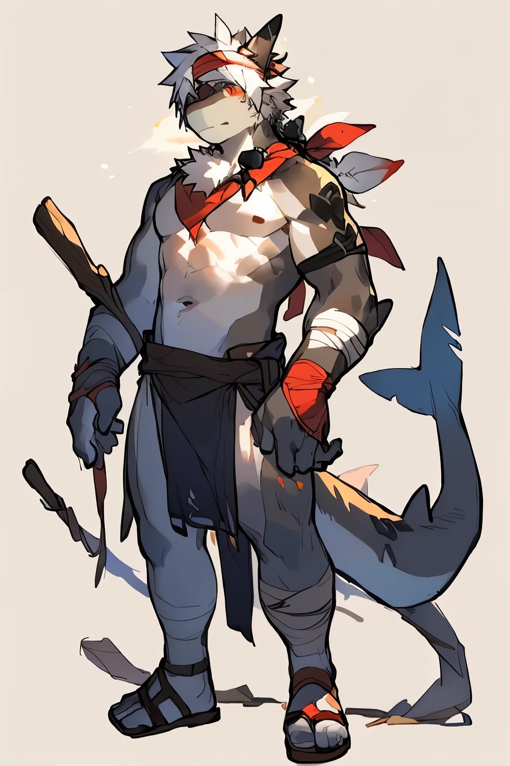 Author: milkytiger1145, shark,male,best quality,Perfect anatomy structure,Naked,Wear only loincloth,whole body,individual,Barefoot,lustful man,adult,gray body,abdominal muscles,chest muscles,Tail,headband, white hair,Hands behind you,tribal tattoo,dorsal fin,sandals,bandage,juvenile,Lean,hanged