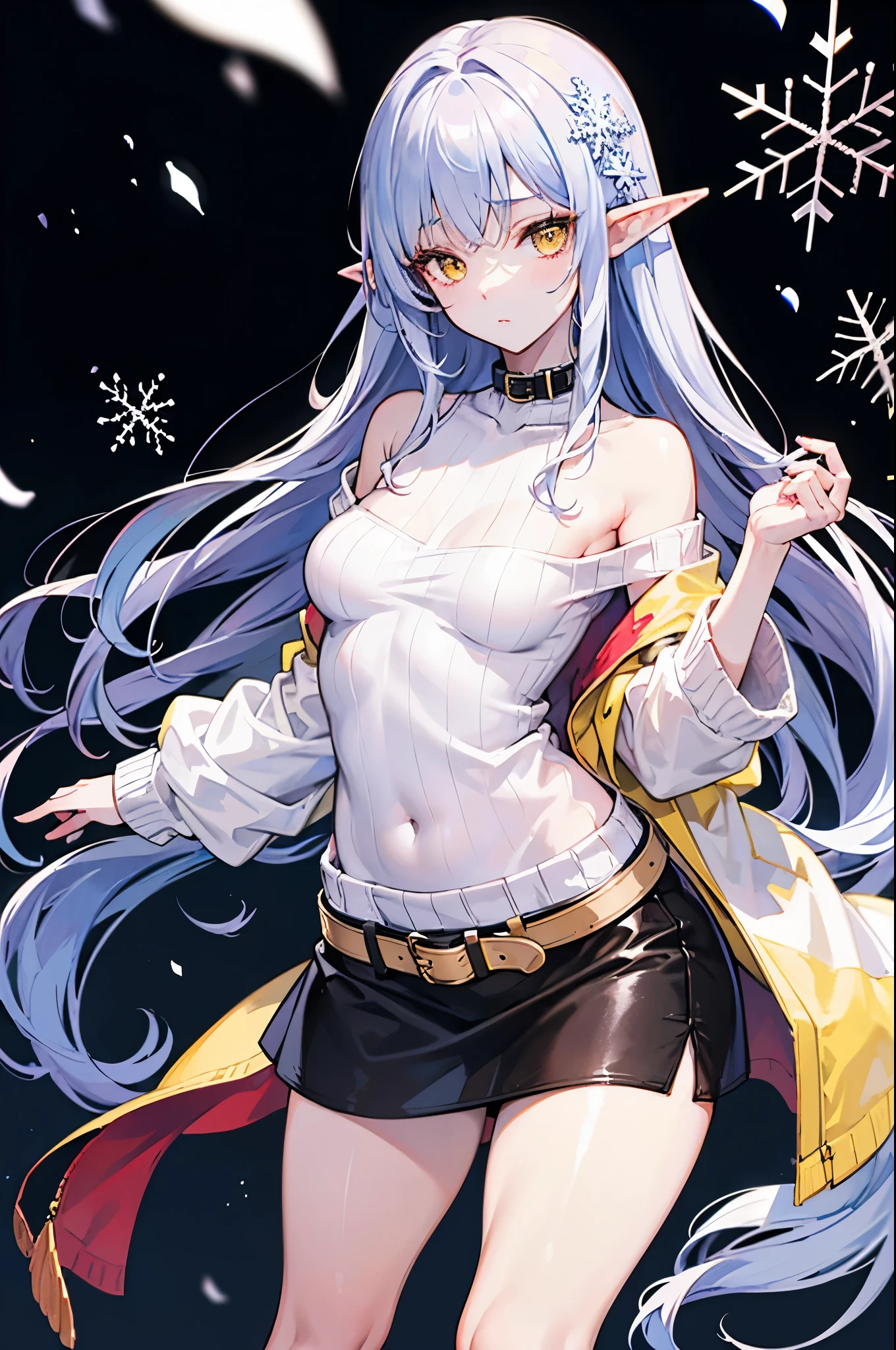 Detailed image, realistic image, coherent image, 1 elf, long ash-colored hair, yellow eyes, oval face, long eyelashes. She is wearing off shoulder sweater, belted mini skirt, sneakers, small breasts, curvy body, sexy pose, black background, snowflake