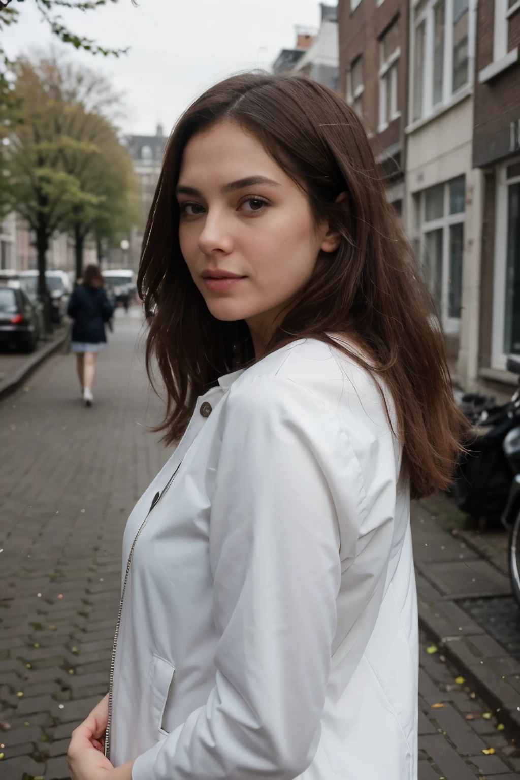 25 Jahre, mittelbraunen Haare, 8k, High Resolution, spaziert durch amsterdam, Spring, jacke