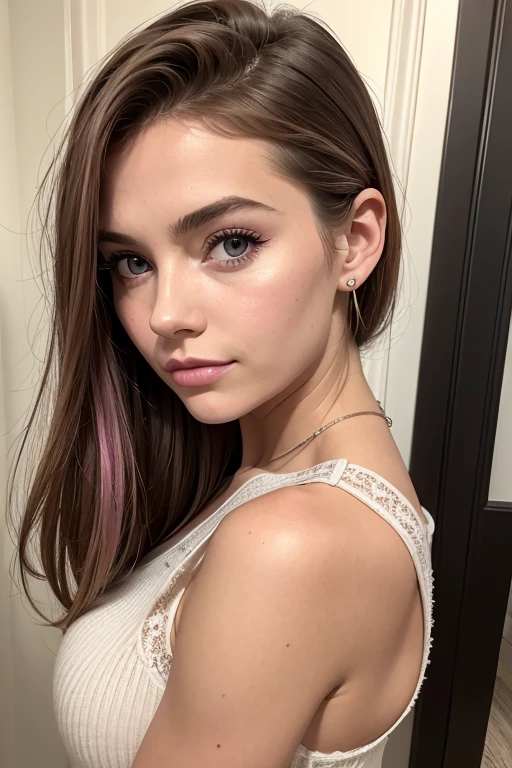 Belle fille, Marron_eyeeautiful mince adolescente de 18 ans, cheveux color [Brown highlights cheveux], [Pixie undercut] cheveux)), boucles d’oreilles, lèvres, Réaliste, taille étroite, charmant, pink lèvrestick, maquillage coloré, Cils longs, boucles d’oreilles, porter de l’eye-liner, peau claire, (mignon), (face détaillée), Yeux détaillés, Iris détaillé, corp magnifique, corps athlétique, abdominaux prononcés sur l&#39, pantalon moulan, pull , sac LV, parfait cul rond moyen, Selfie Photo, vue arrière, 