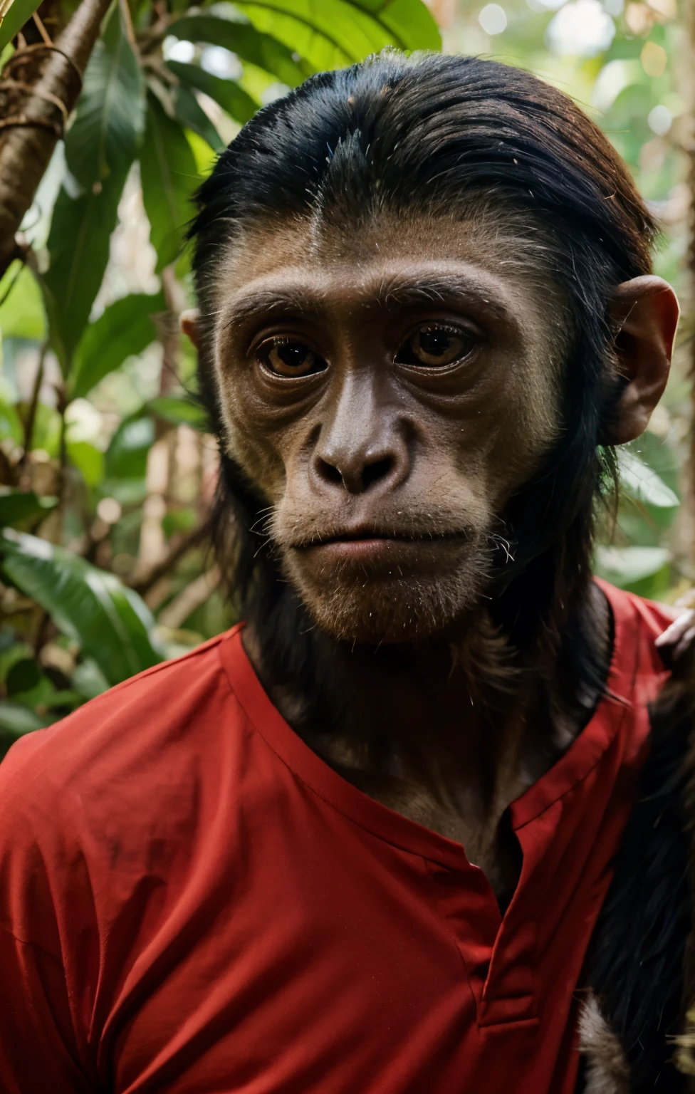gibbon monkey, red shirt, headset, high quality in jungle, 4k, hdr, realistic, animal