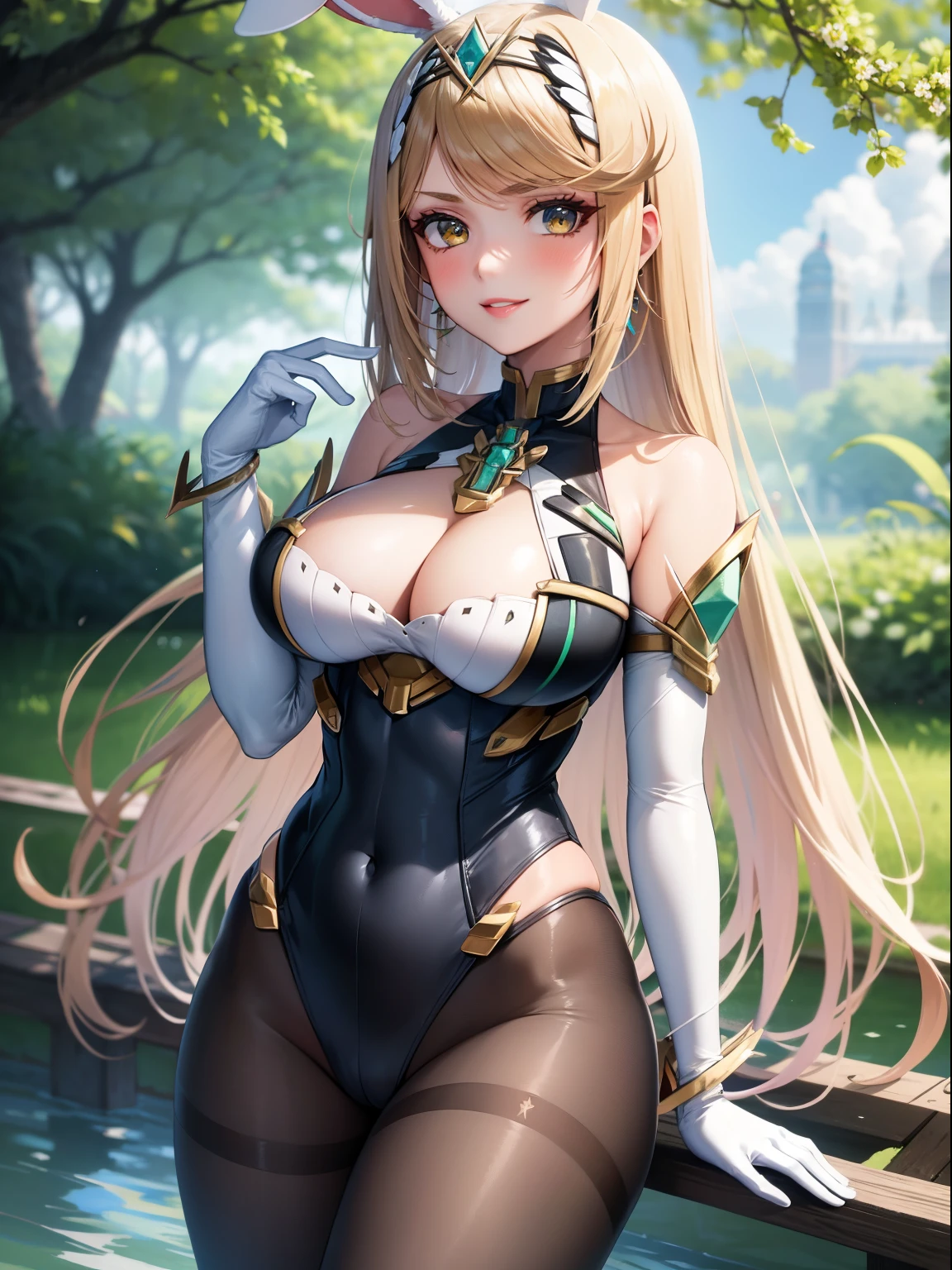 mythra \(xenoblade\), blond hair, yellow eyes, lipstick, blue eye shadow, 1girl, solo, perfect breasts, earrings glossy lips ,looking at viewer, blush, large breasts, nature, pond, trees, park, long white elbow satin gloves, holding, animal ears, cleavage, bare shoulders, jewelry, very l, gentle smile, pantyhose, earrings, fake rabbit ears, leotard, fake animal ears bunny, long white elbow gloves, white gloves, cowboy shot