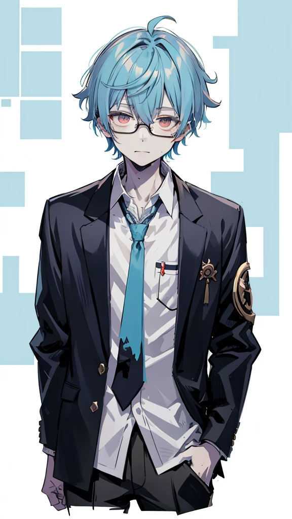 vtubermodel of 1 boy, zombie, mature, shirt,jacket, Cute, Genshin&#39;s influence, anime,blue hair, White skin, gray eyes, glasses, High quality , Additional Information , rendered, White background, whole body