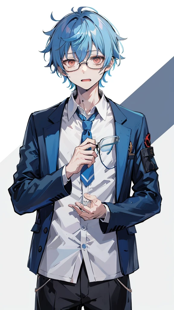 vtubermodel of 1 boy, zombie, mature, shirt,jacket, Cute, Genshin&#39;s influence, anime,blue hair, White skin, gray eyes, glasses, High quality , Additional Information , rendered, White background, whole body