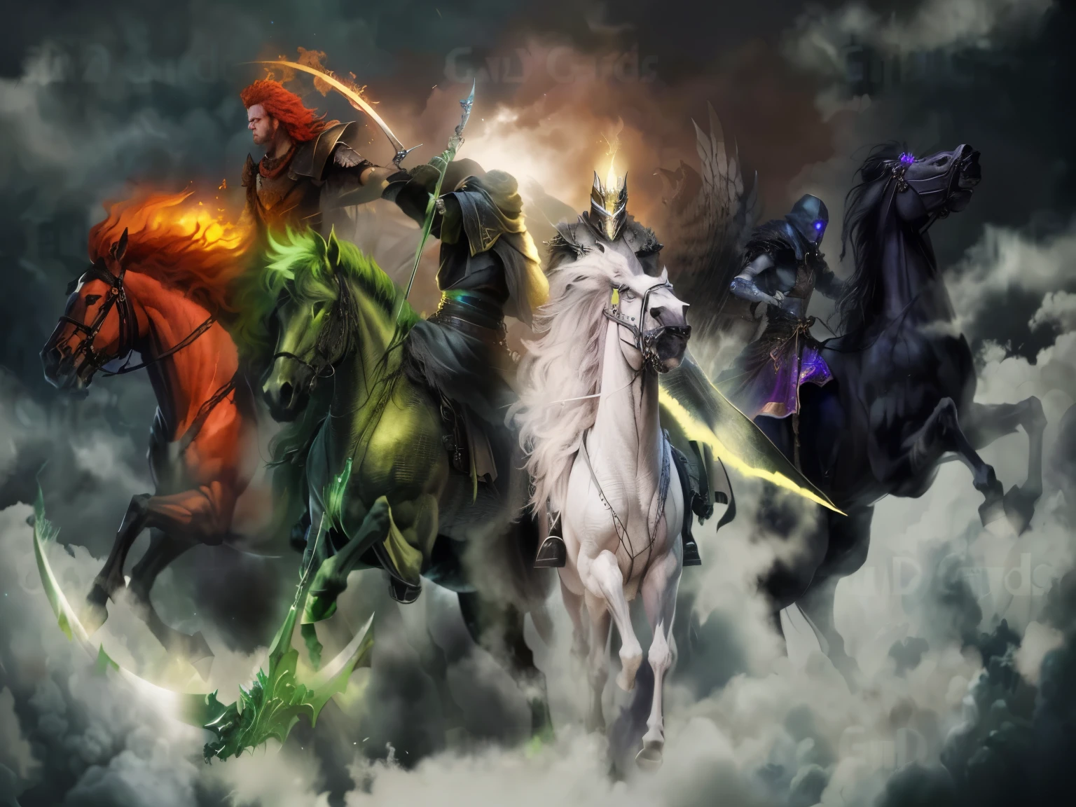 quatro cavaleiros dos quatro cavaleiros dos quatro cavaleiros dos quatro cavaleiros, four Cavaleiros do Apocalipse, Cavaleiros do Apocalipse, epic fantasy art style, epic fantasy art style hd, epic fantasy digital art style, powerful fantasy epic legends, epic fantasy digital art, epic fantasy artwork, Apparitions riding in the sky, epic fantasy art