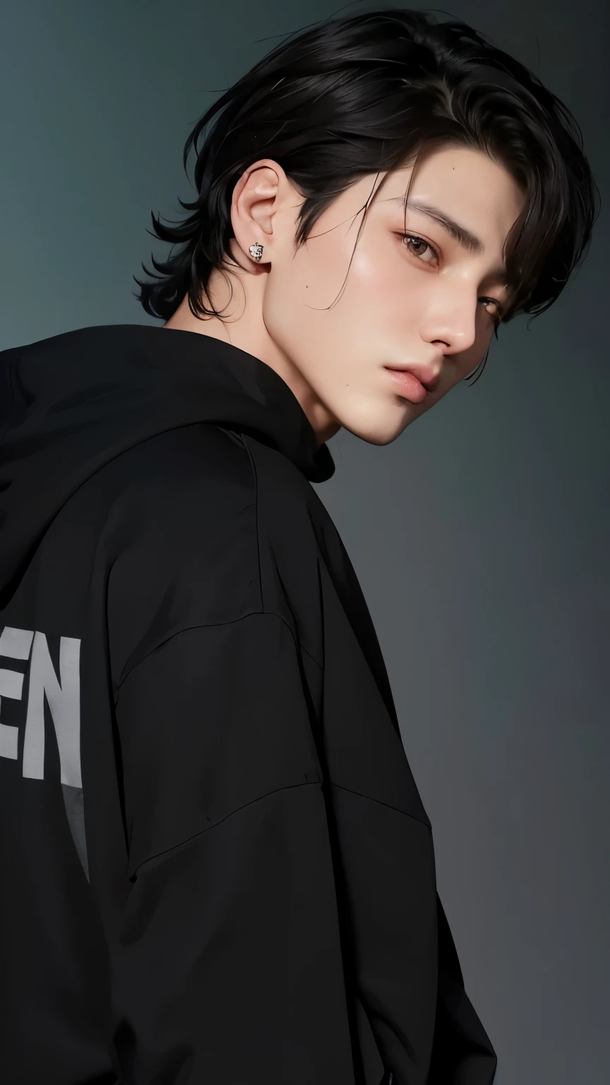 Jungkook with black hair standing with a dark gray background behind himself, ele tem alguns fios de cabelos grisalhos, BTS, Jung jungkook, Wan lovely Korean face, Hyung Jungkook, Handsome prince and androgynous, jovem, com roupas pretas, Todos do Grupo BTS, inspirado em Jungkook 