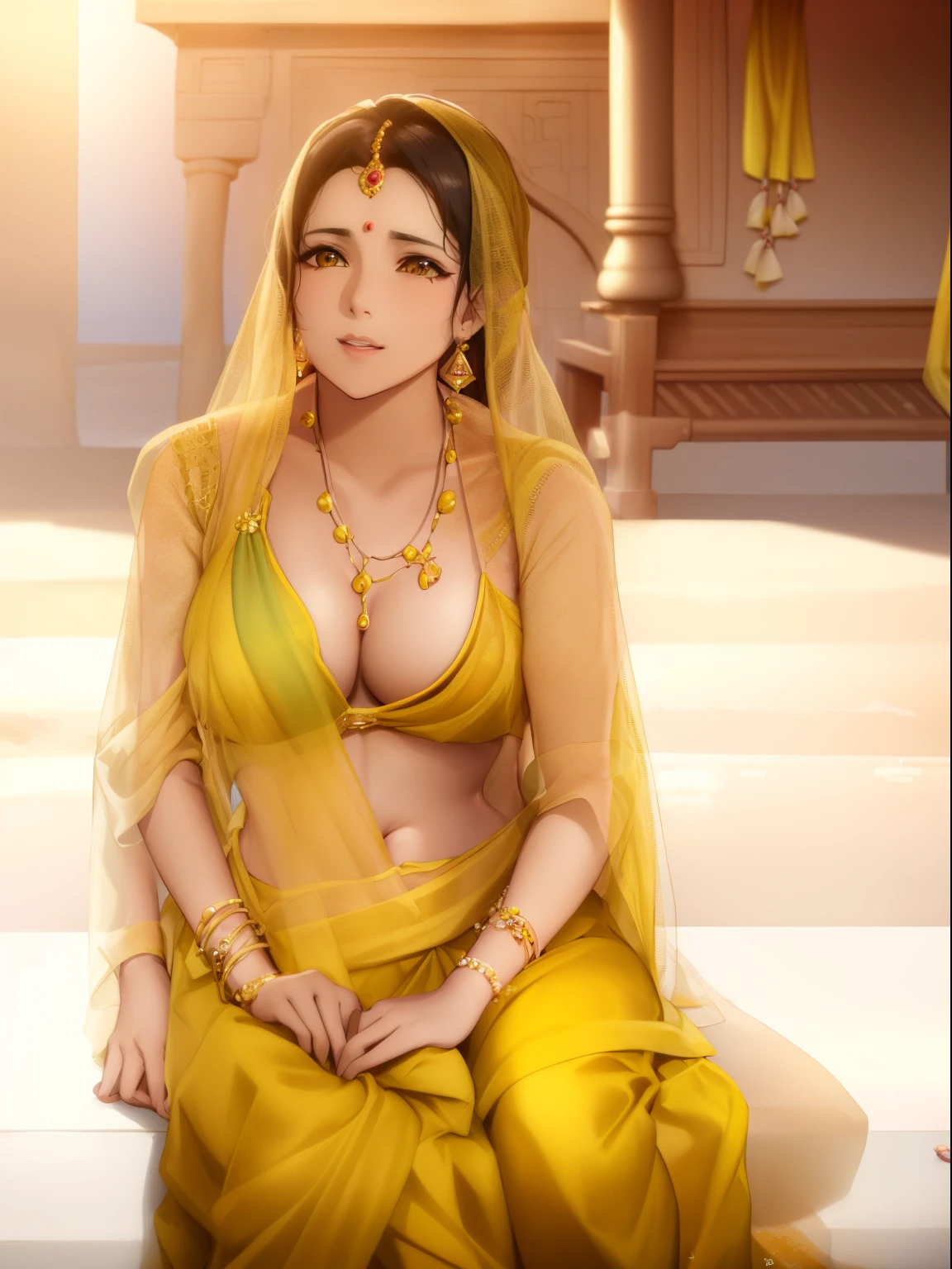 Woman in yellow saree sitting on the beach of Samundar, from Ramayana, actress, still from Terrence Malick's film, still shot from the film, in costume, traditional beauty, from a film, still from the film,  From the film, promotional still, still from the film, wearing saree, wearing yellow clothes, film filmstill, film film still