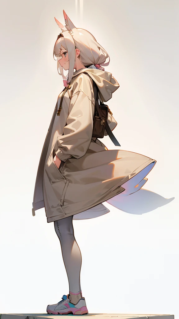 a woman in a hoodie and leggings stands in front of a white background, beige hoodie, beige, full body profile pose, 2 4 year old female model, casual pose, 🤬 🤮 💕 🎀, female outfit, perfectly poised, leggings, posed in profile, wearing an oversized hoodie, with two front pockets, profile posing, side pose