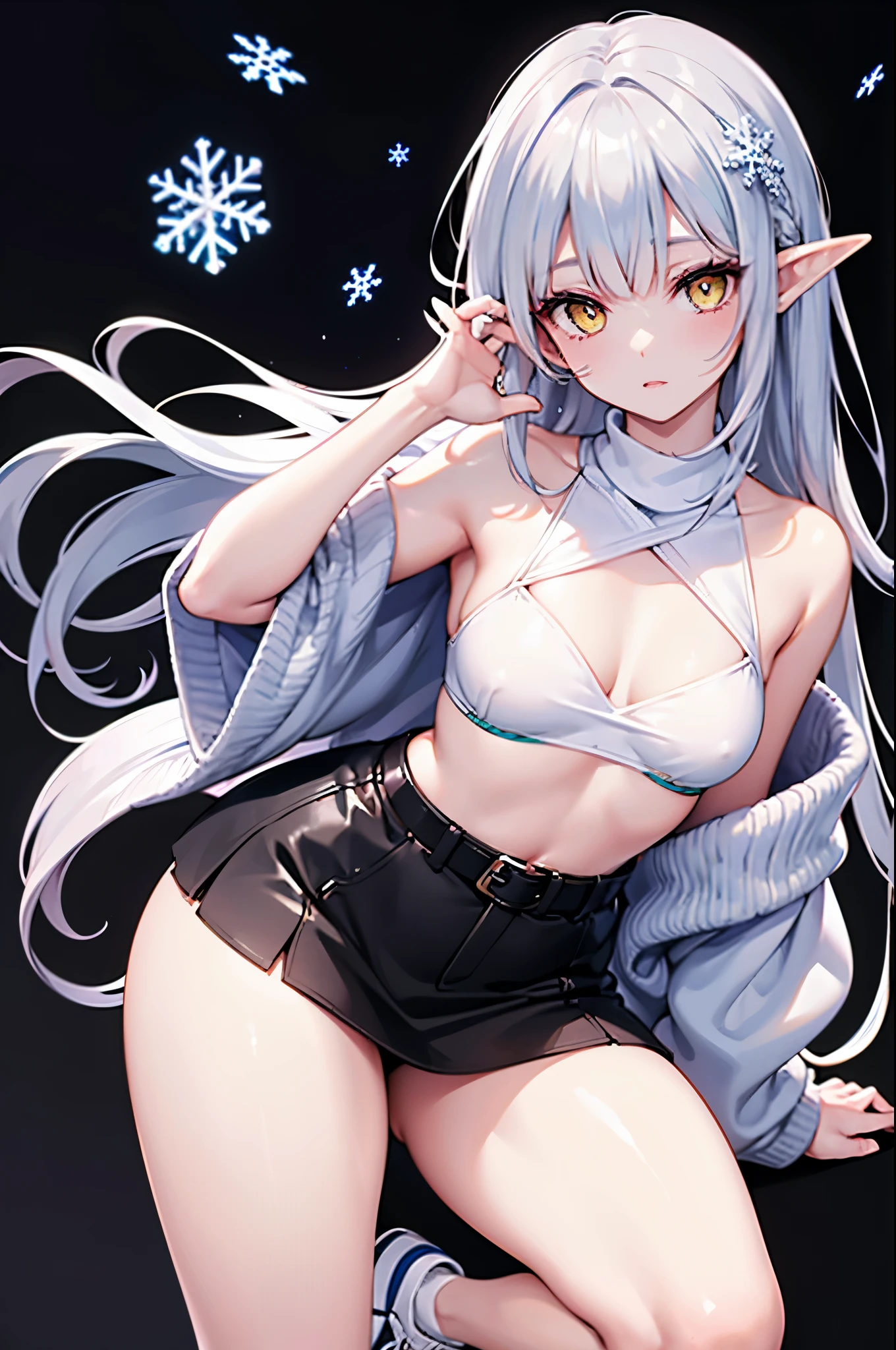 Detailed image, realistic image, coherent image, 1 elf, long ash-colored hair, yellow eyes, oval face, long eyelashes. She is wearing off shoulder sweater, belted mini skirt, sneakers, small breasts, curvy body, sexy pose, black background, snowflake