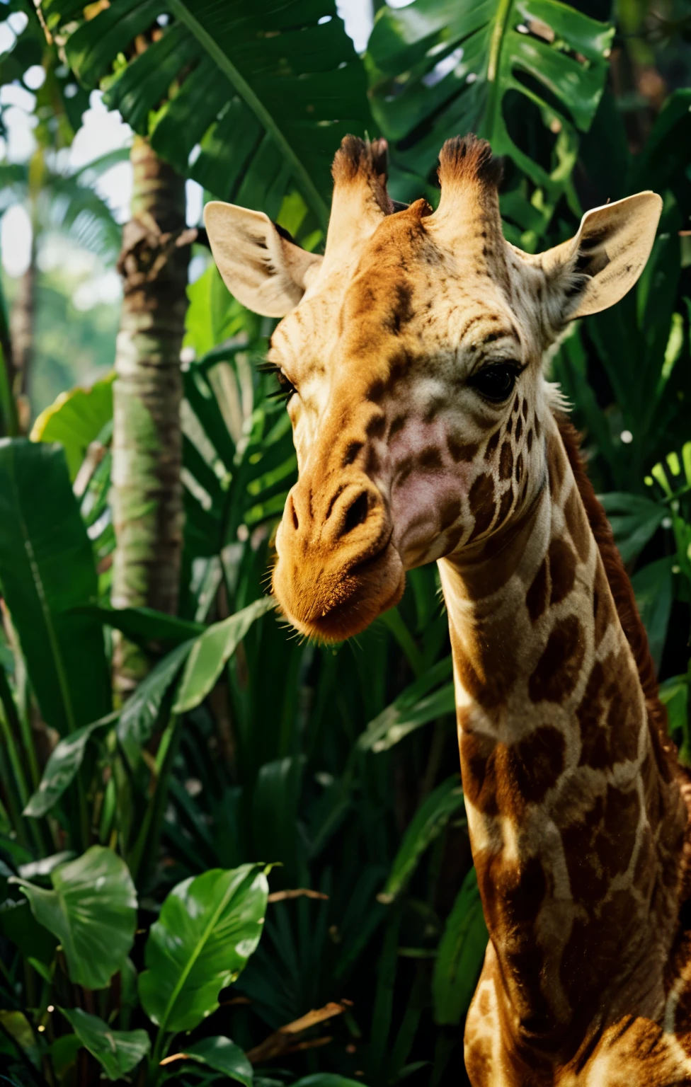 giraffe, green shirt, headset, high quality in jungle, 4k, hdr, realistic, animal