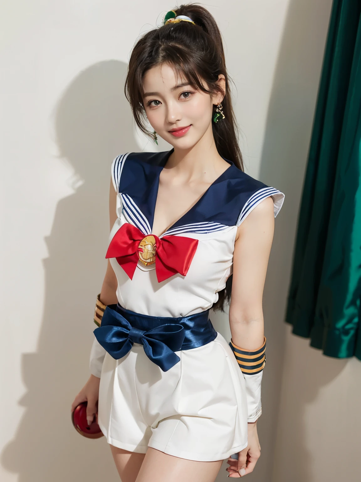 ((((highest quality))))、(((Ultra-precision CG16K wallpaper)))、(((masterpiece)))、(((Super detailed)))、(((super extreme details)))、1people's women、mature woman、25 year old woman、((Japanese face))、((very beautiful face))、((Kitagawa Keiko:1.5))、((ponytail、one tail:1.3))、(shiny hair)、bangs up to eyebrows、beautiful brown hair、beautiful delicate eyes、brown eyes、raised eyebrows、high nose、small nostrils、small mouth、seductive lips、mouth slightly open、beautiful breasts、C cup size breasts、cleavage、plump body、non-muscular body、perfect proportions、perfect anatomy、perfect composition、beautiful detailed shading、beautiful natural lighting、beautiful detail glow、Depth of bounds written、(((High chroma)))、(((real:1.9)))、((vivid:1.4))、((beautiful skin))、((skin texture))、((realな皮膚感))、(((cowboy shot:1.5)))、((Angle seen from the front:1.5))、((smile:1.4))、(Eyes looking at me)、bright sunshine、(((In front of the white wall:1.3)))、(standing pose:1.5)、(((sailor moon、Sailor Jupiter costume:1.5)))、