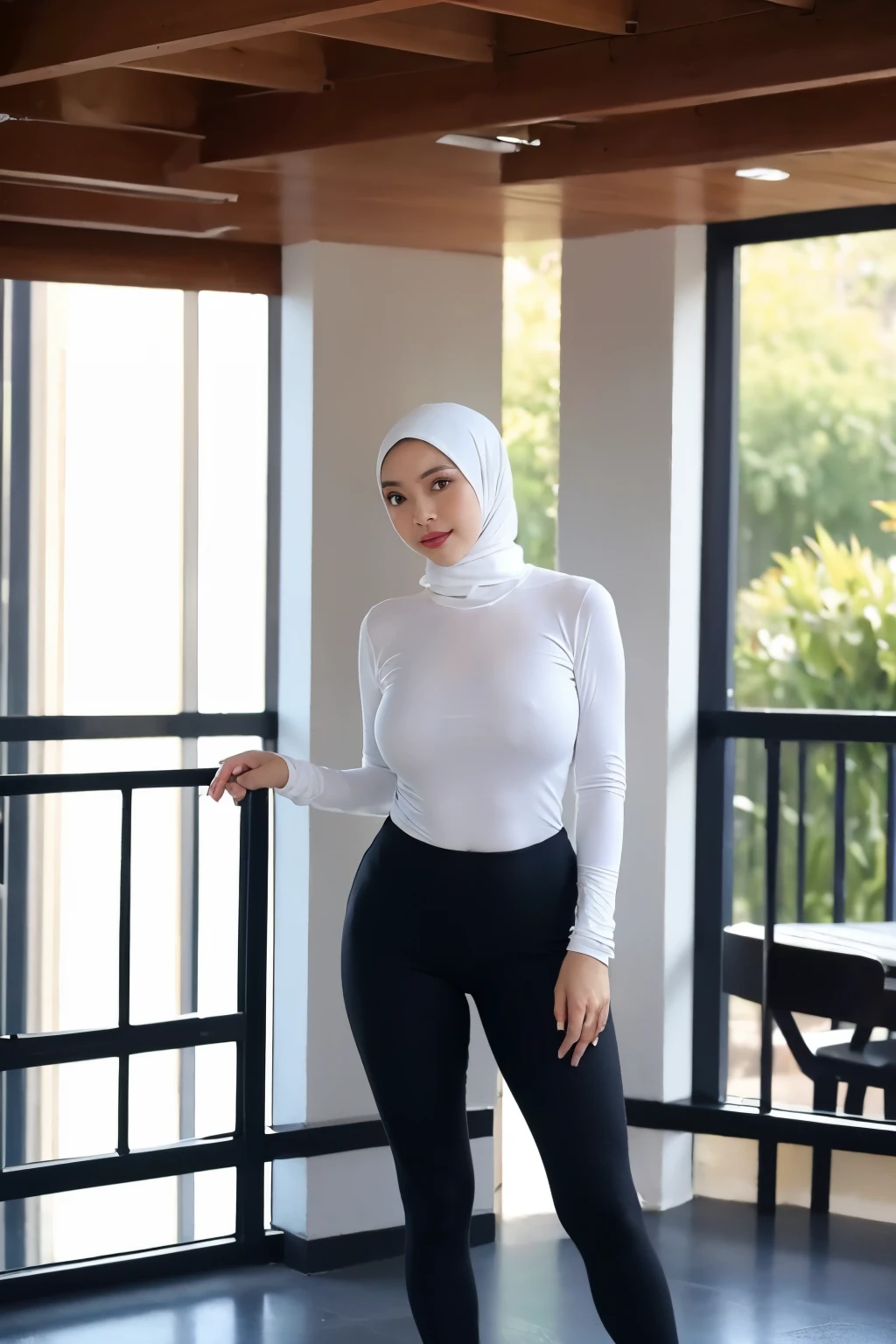 beautiful hijabi, slim, tall, medium breast, mature woman, (see through delicate tight long sleeves shirt), pokies, (leggings), lifting weights pose, in the gym, natural lights, high heels, hands grabbing breast, hand on breast, panty line,