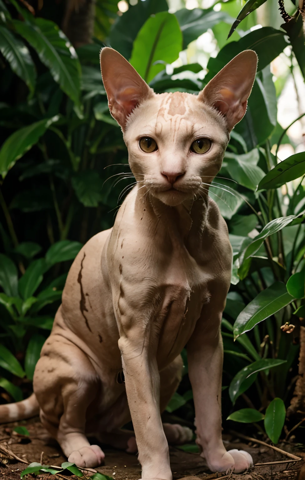 hairless cat, high quality in jungle, 4k, hdr, realistic, animal