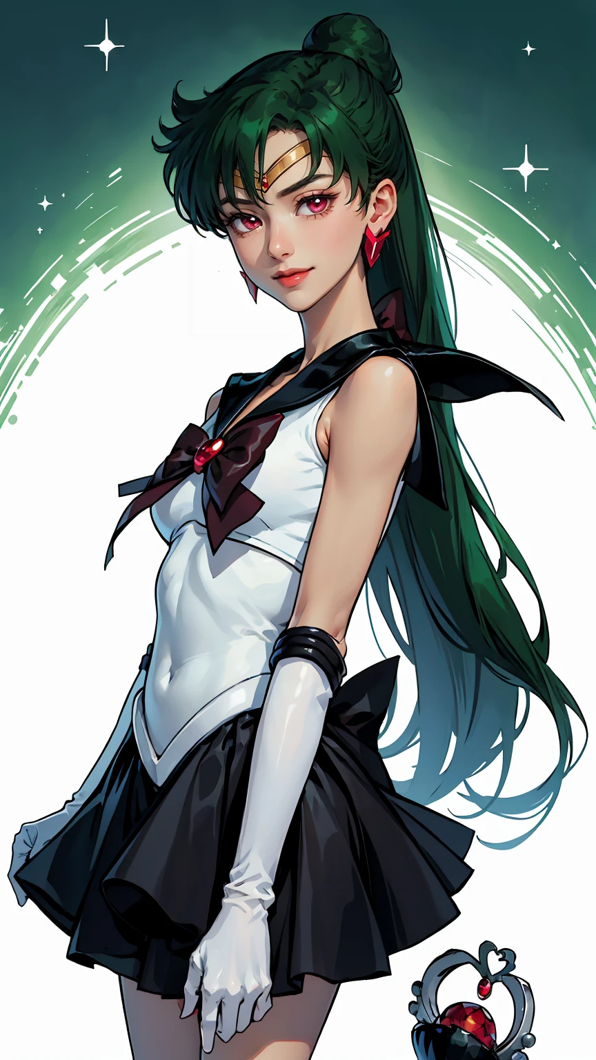 Masterpiece, Best Quality, High Resolution, 1girl, Solo, Ponytail, Green Hair, (Elbow Gloves), Headdress, dark red Bow, Tight Top, (Black Sailor Collar), White Gloves, Earrings, Smile,  white Background, Black Skirt, (Sailor Pluto Uniform), (Sailor Pluto Uniform), on his knees, holding his Garnet Orb staff in his hands, looking at the camera, dynamic poses. Leng Jun, White Top, Elbow Gloves, black boot