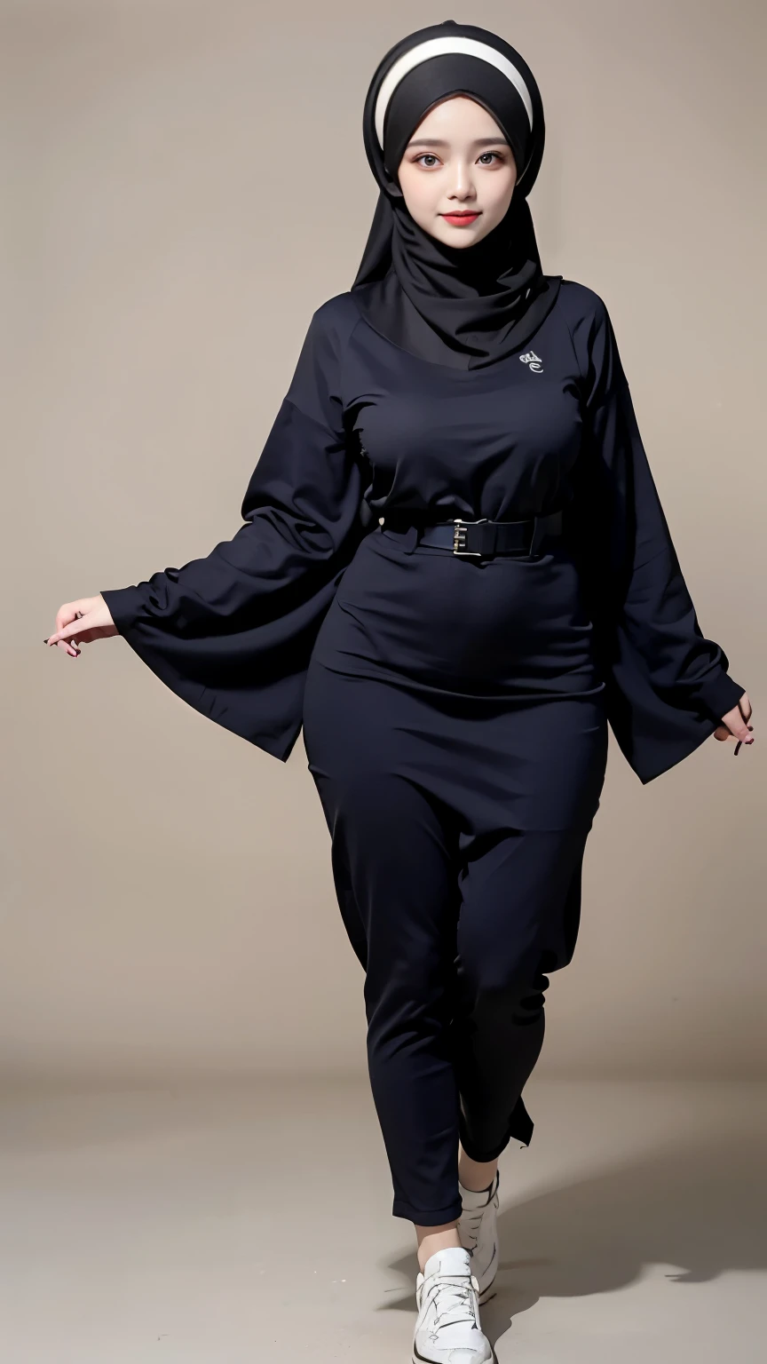 ((best quality)), ((masterpiece)), (detailed), ((ultra high resolution)), perfect face, perfect eyes, mature woman, wearing a hijab, muslim clothes, wearing a sneakers, Modest dress, gorgeous, nice viewer, eurasian woman, big body, full body view.