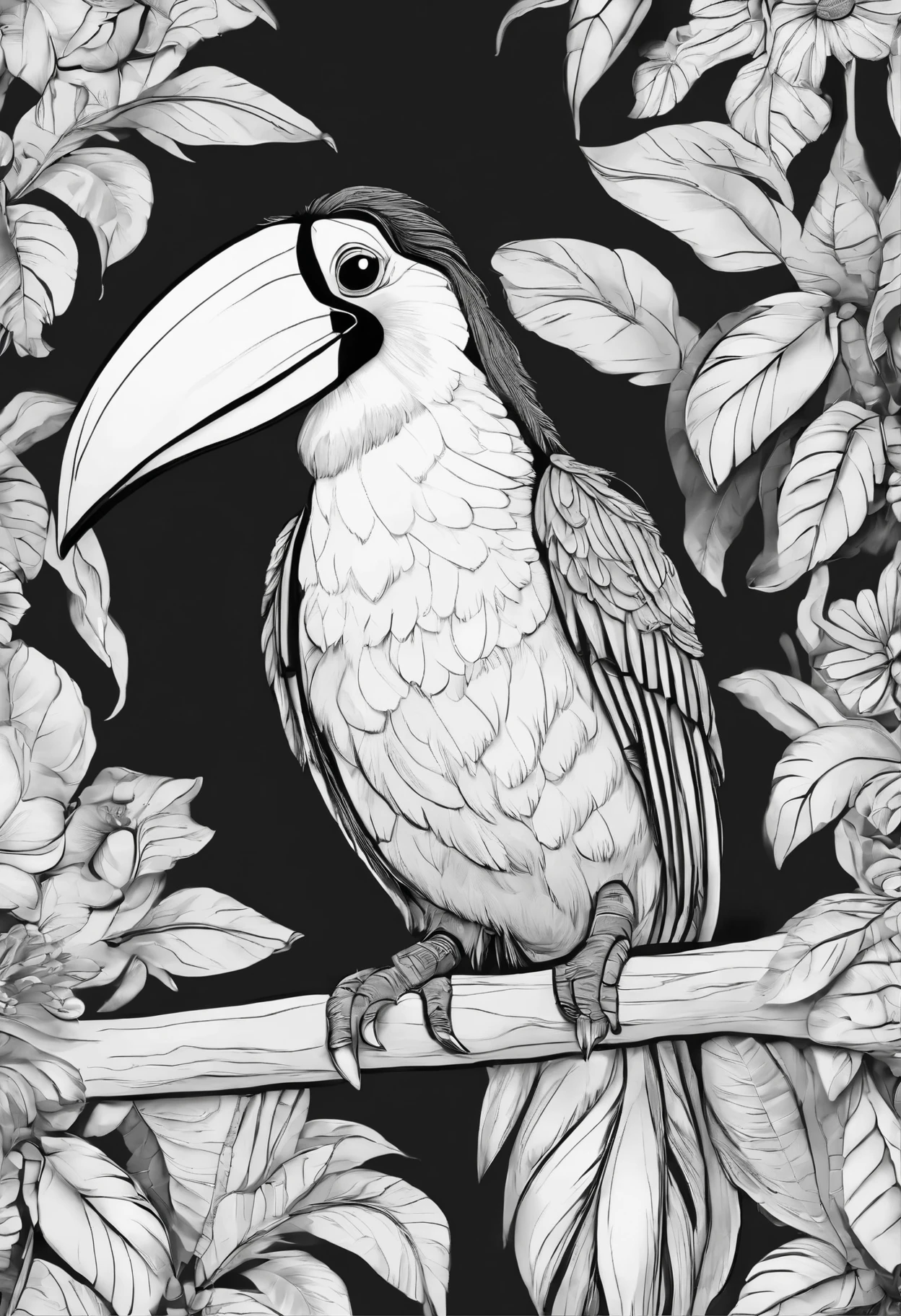 Generate black and white coloring pages of cute cartoon-style Toucan no color with low detail, no shading, no shadows, no background, and no borders.