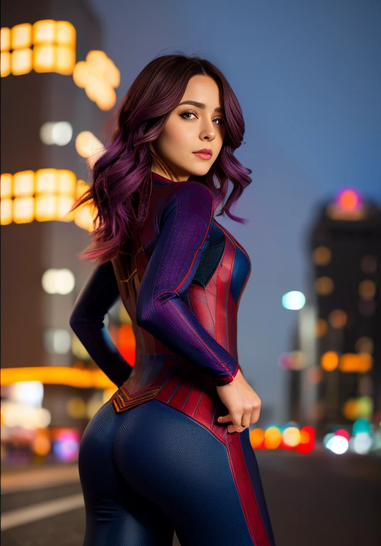 A purple-haired woman in detailed brown Spider-Man costume from Marvel Comics, pechos grandes, pose de superheroe, de pie en la ciudad en ruinas al atardecer, hiperdetallado, fumar, chispas, rayos de sol, (8k), Realista, Symmetrical, premiado, Cinematic Lightning, mojado, movie, 75mm, scratches, Toma de cuerpo completo, de cerca, ropa rota y sucia, cara detallada,