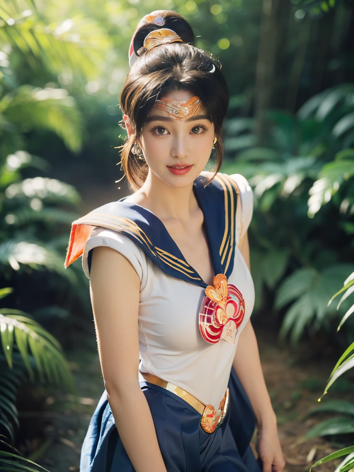 ((((highest quality))))、(((Ultra-precision CG16K wallpaper)))、(((masterpiece)))、(((Super detailed)))、(((super extreme details)))、1people's women、mature woman、25 year old woman、((Japanese face))、((very beautiful face))、((Kitagawa Keiko:1.5))、((ponytail、one tail:1.3))、(shiny hair)、bangs up to eyebrows、beautiful brown hair、beautiful delicate eyes、brown eyes、raised eyebrows、high nose、small nostrils、small mouth、seductive lips、mouth slightly open、beautiful breasts、C cup size breasts、cleavage、plump body、non-muscular body、perfect proportions、perfect anatomy、perfect composition、beautiful detailed shading、beautiful natural lighting、beautiful detail glow、Depth of bounds written、(((High chroma)))、(((real:1.9)))、((vivid:1.4))、((beautiful skin))、((skin texture))、((realな皮膚感))、(((cowboy shot:1.5)))、((Angle seen from the front:1.5))、((smile:1.4))、(Eyes looking at me)、bright sunshine、(((in the forest:1.3)))、(standing pose:1.5)、(((Sailor Moon costume:1.6)))、