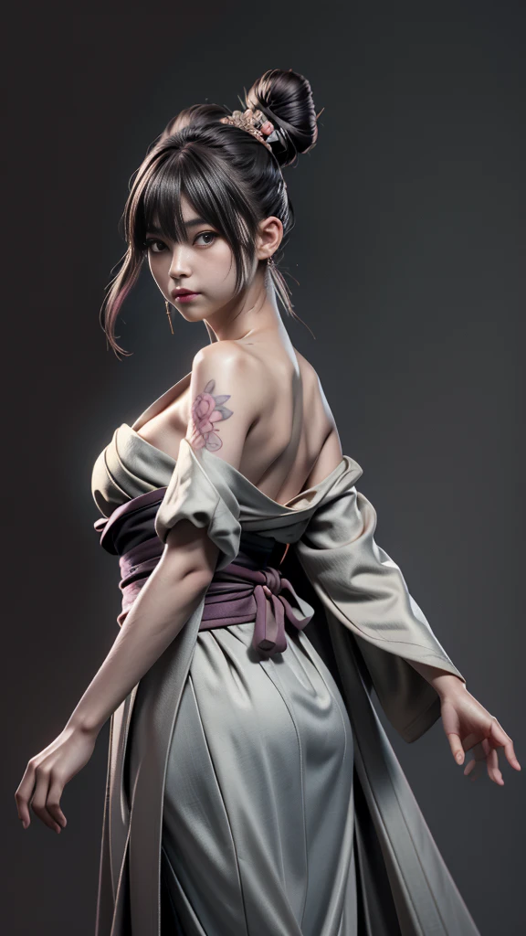 8k, masterpiece, (lifelike:1.5), artistic portrait of ((Beautiful Haruno Sakura) Wearing a kimono), Back and calf tattoos, ((exposed背部浮世繪紋身)), exposed face, bare shoulders, exposed, touch room, beautiful skin, slim figure, cute face, cute look, look at the audience, Dark brown bangs bun, Posing for photos, FOG, backlight, dark gray background, dynamic lighting, nature, artistic