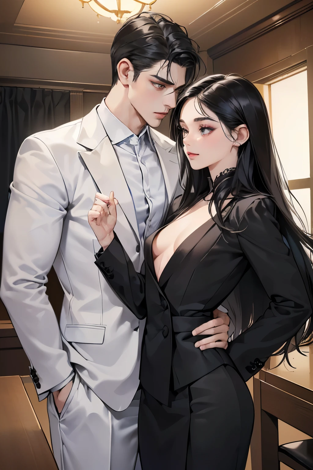 (table top, digital art, digital illustration, 4K, 8K, super detailed, beautiful images, clear image, realistic, RAW photo, perfect face, perfect lines, perfect eyes, soft lighting) 1 female, (long black hair,straight hair,Bullish gaze,beautiful woman,Solid makeup,23 year old female,small breasts:1.3),secretary, Two handsome men in suits, (human,Men in suits,muscular,Firm shoulder width,adult male,boyish hairstyle,british gentleman's style,A man in his 30s with a cool expression,28-year-old man with bright smile:1.2),Bright Western-style room、couple dancing、light、country style、k pop dance、sense of rhythm