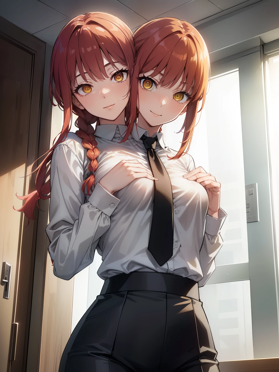 Makima, Makima, long hair, smile, bangs, (small :1.2), (yellow eyes:1.2), (two_heads:1.3), braid, red hair, braided ponytail, ringed eyes, Shirt break, long sleeves, white shirt, tie, shirt turtleneck, trousers, black trousers, formal, suit, black tie, tucked-in shirt, office lady, BREAK-IN inside the house, office, break looking at the spectator, break (master piece: 1.2), best quality, very high resolution, Unity 8k wallpaper, (illustration:0.8), (beautiful eyes detailed:1.6), Extremely detailed face, perfect lighting, extremely detailed CG, (perfect hands, perfect ),